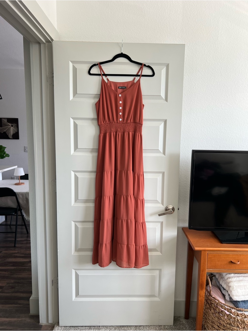Spaghetti-Strap Rust Tiered Maxi Dress with Smocked Waist
